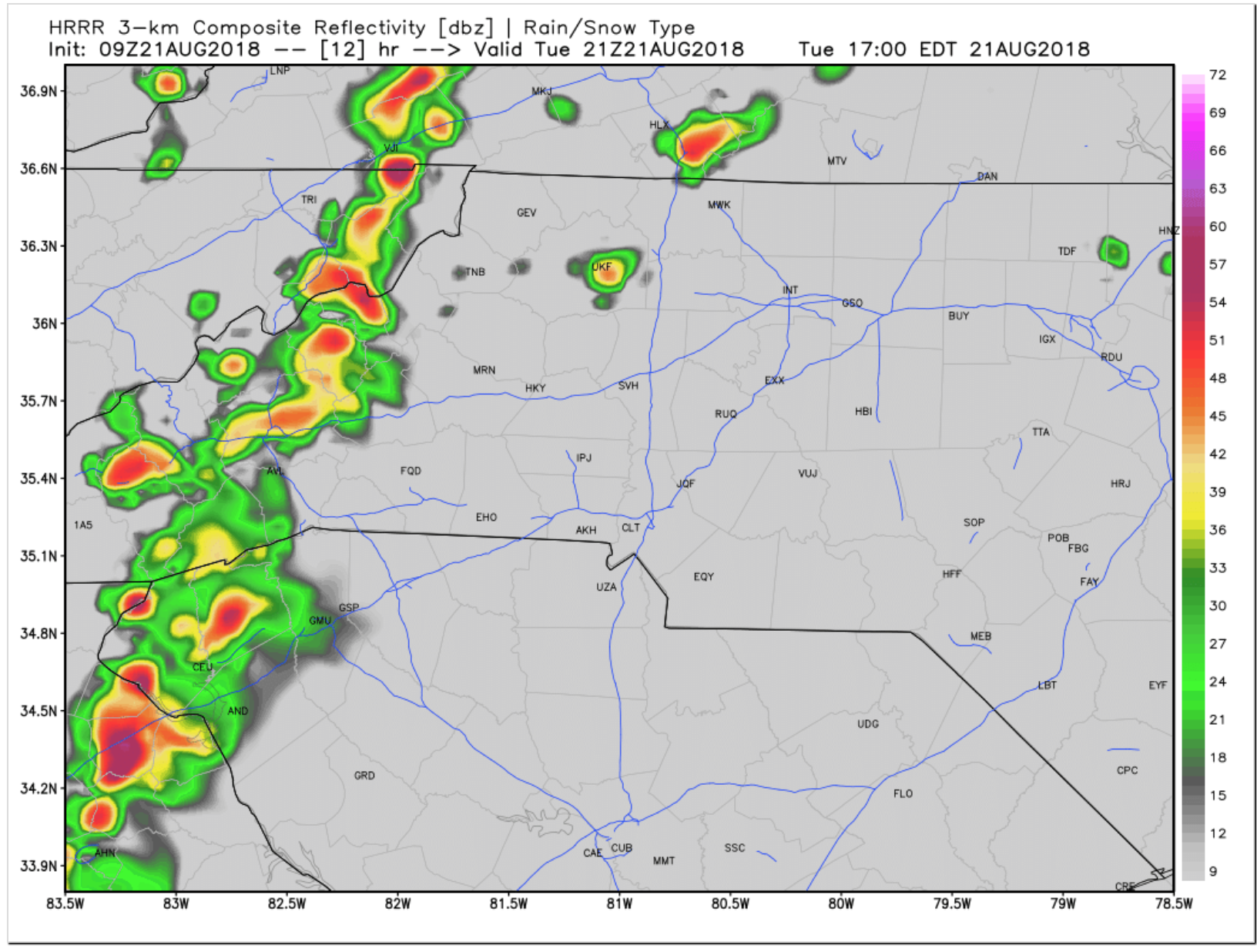HRRR radar depiction at 5pm EST. You can see a strong line of storms stretching across most of Buncombe co.