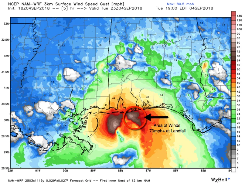 18z NAM 3km run on Sept 4th showing the chance for winds up to 80mph at landfall