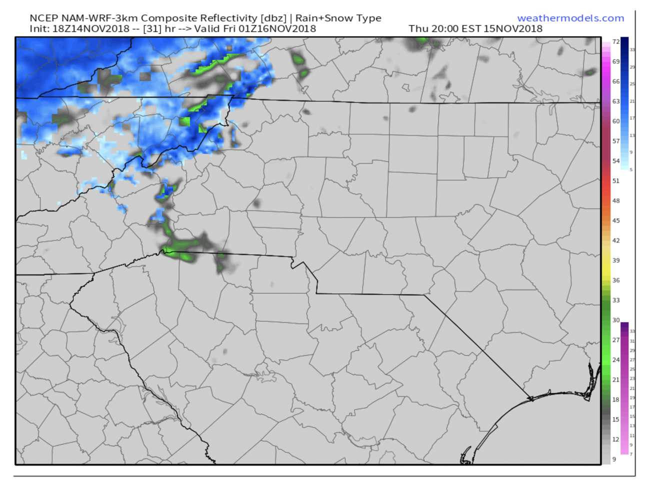 3km NAM Radar Depiction Thursday Night Courtesy of Weathermodels.com