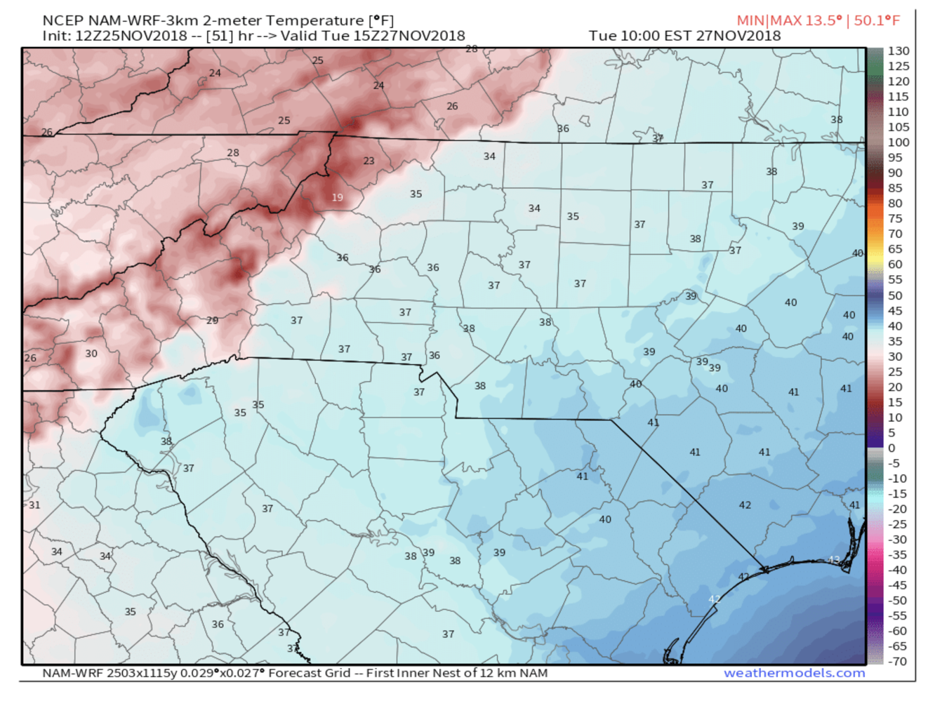 3km NAM Temperatures Tuesday AM Provided by weathermodels.com
