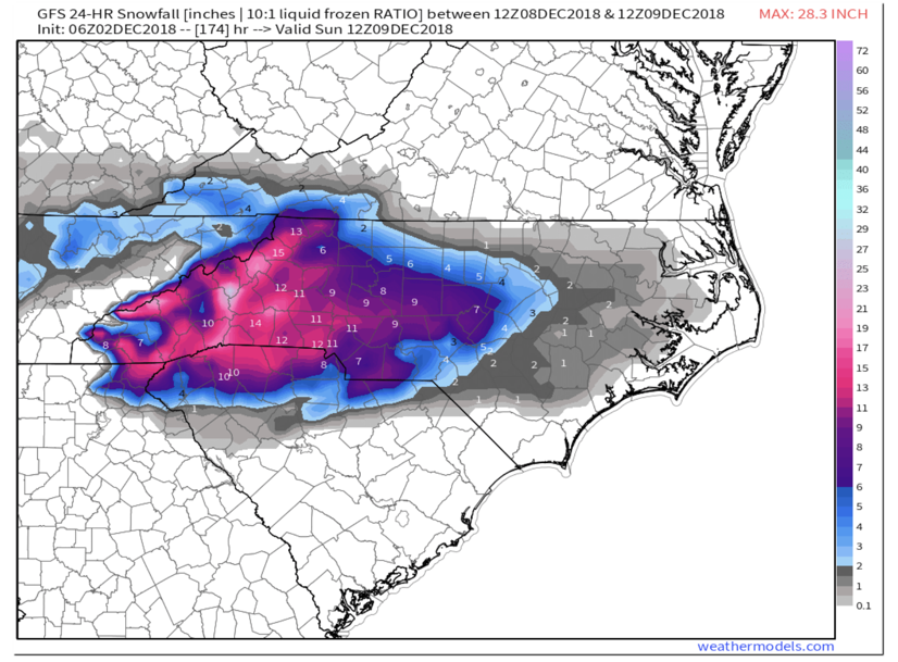 GFS 24hr snowfall total For Dec8th-9th Only A Model Depiction! Courtesy of Weathermodels.com