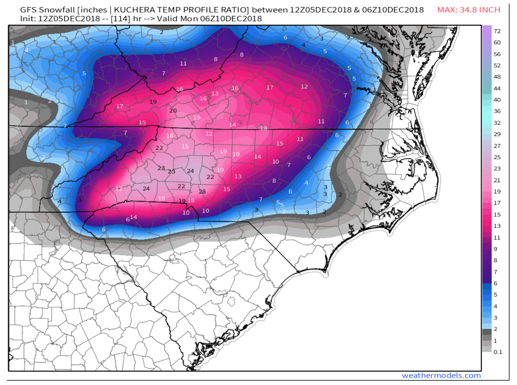 GFS Snowfall Accumulation Map *Only A Model Forecast* courtesy of weathermodels.com