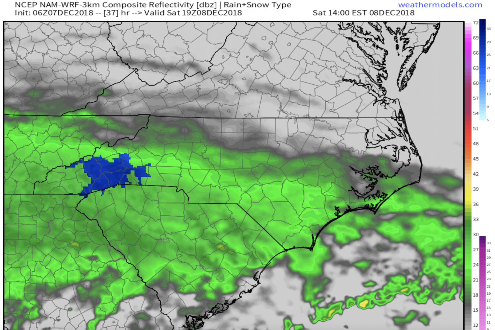 3km Nam Radar Depiction for Early Saturday Afternoon Courtesy of Weathermodels.com