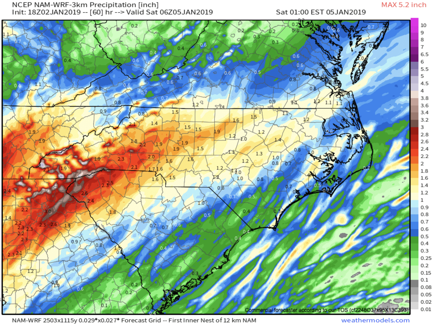 3km NAM Total Precipitation Through Friday Night Courtesy of Weathermodels.com