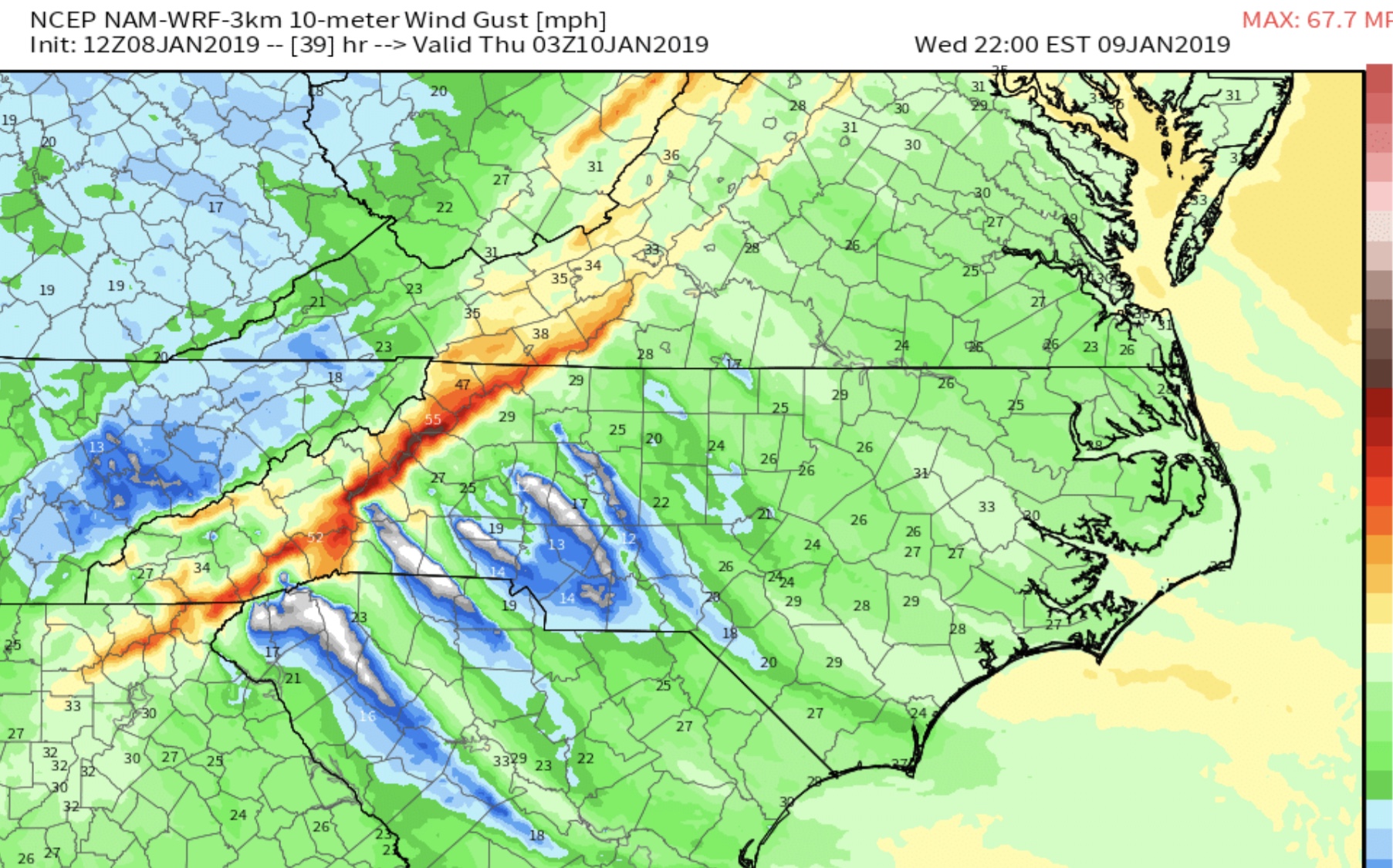 High Res NAM Wind Gusts Tonight