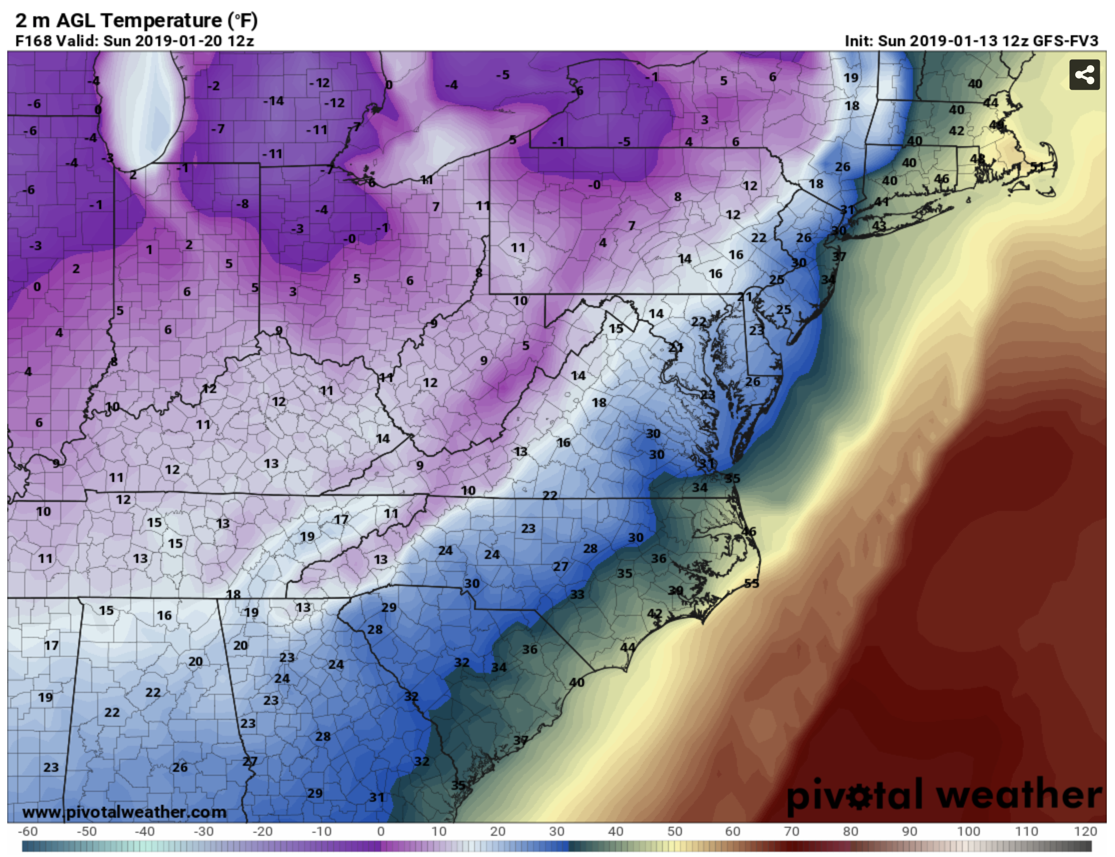Fv3 GFS Temperature Depiction Next Sunday AM Courtesy of Pivotalweather.com
