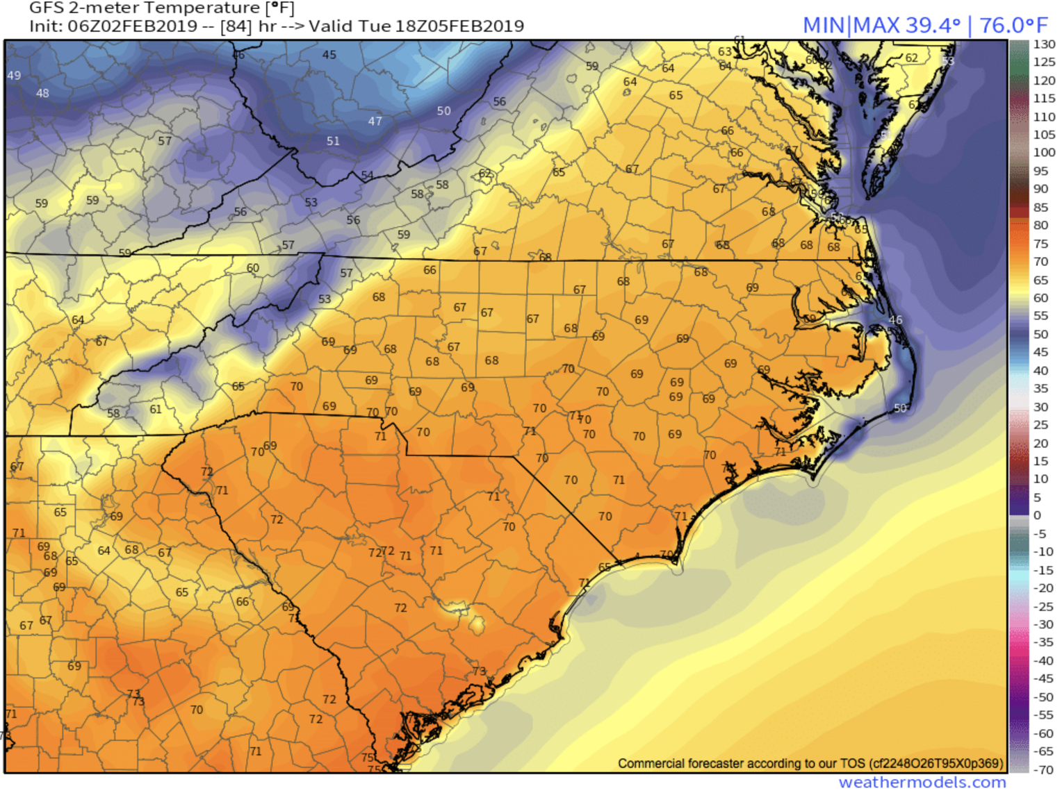 GFS Surface Temps Tuesday Afternoon Courtesy of Weathermodels.com