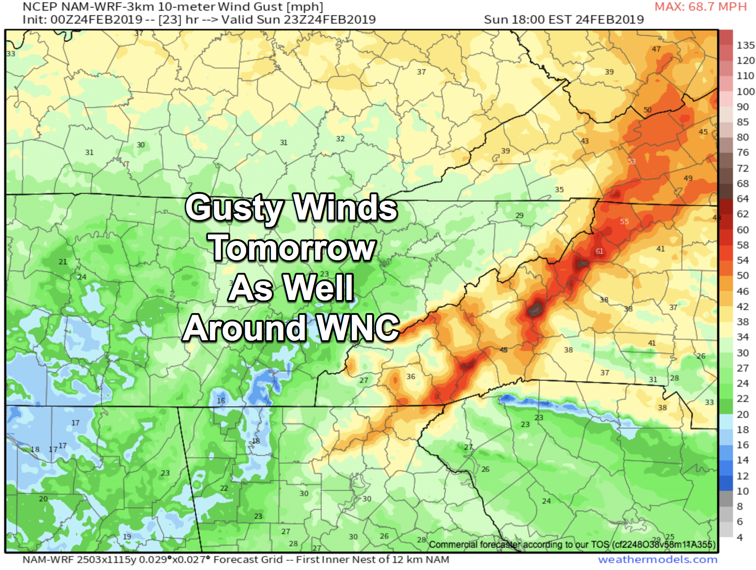 0z 3km NAM Wind Gusts Around WNC Tomorrow Showing 45+mph at AVL Airport Courtesy of Weathermodels.com