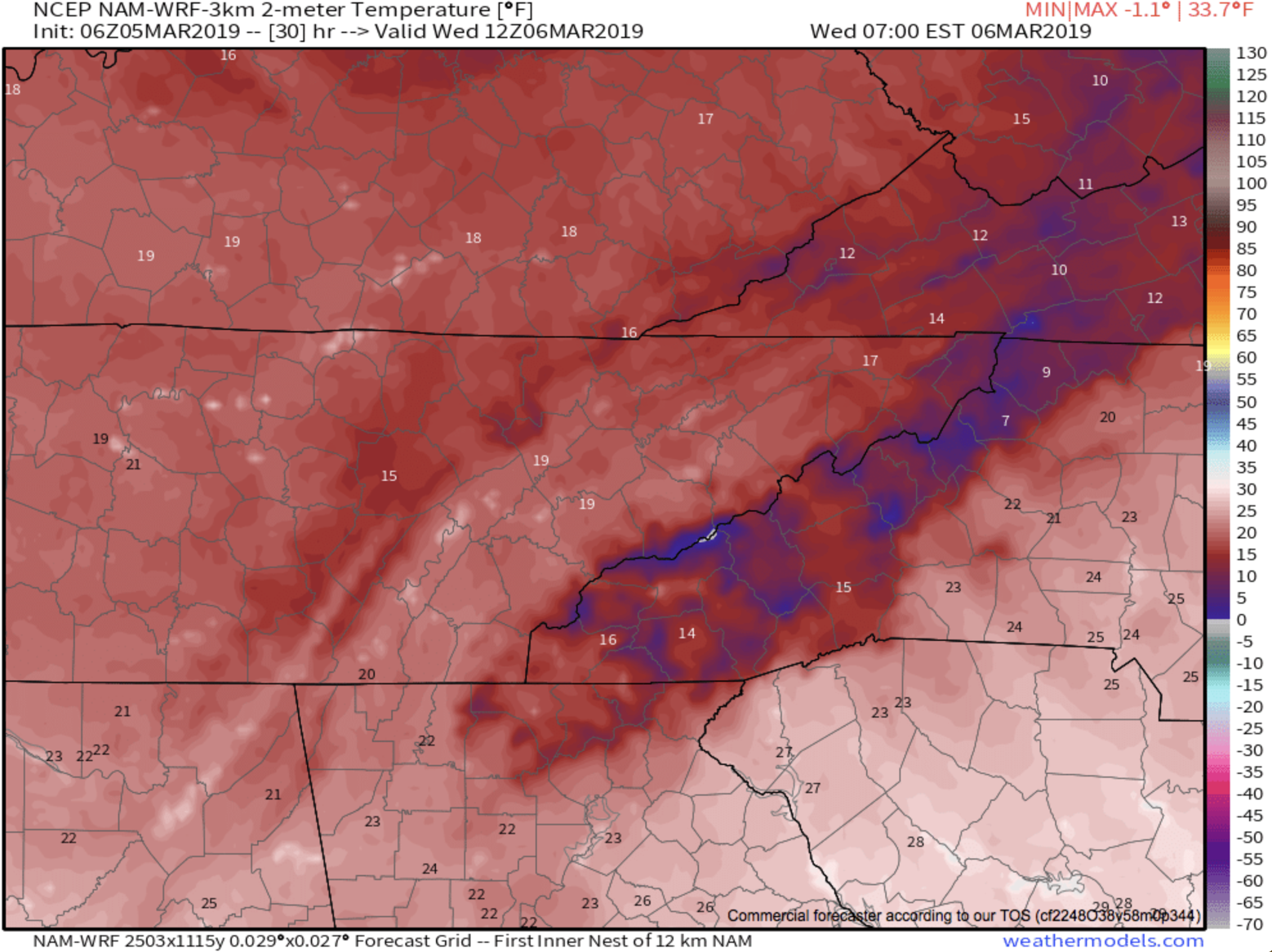 6z NAM 3km Temperatures For Wednesday AM Courtesy of Weathermodels.com