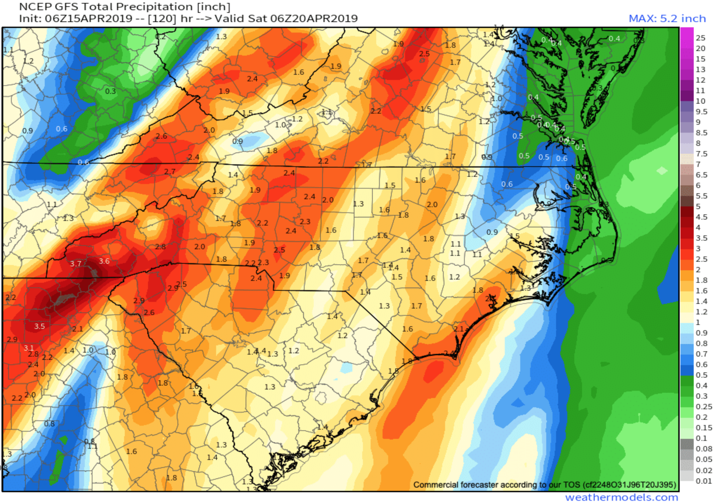 GFS Precipitation Totals Through Saturday AM Courtesy of Weathermodels.com