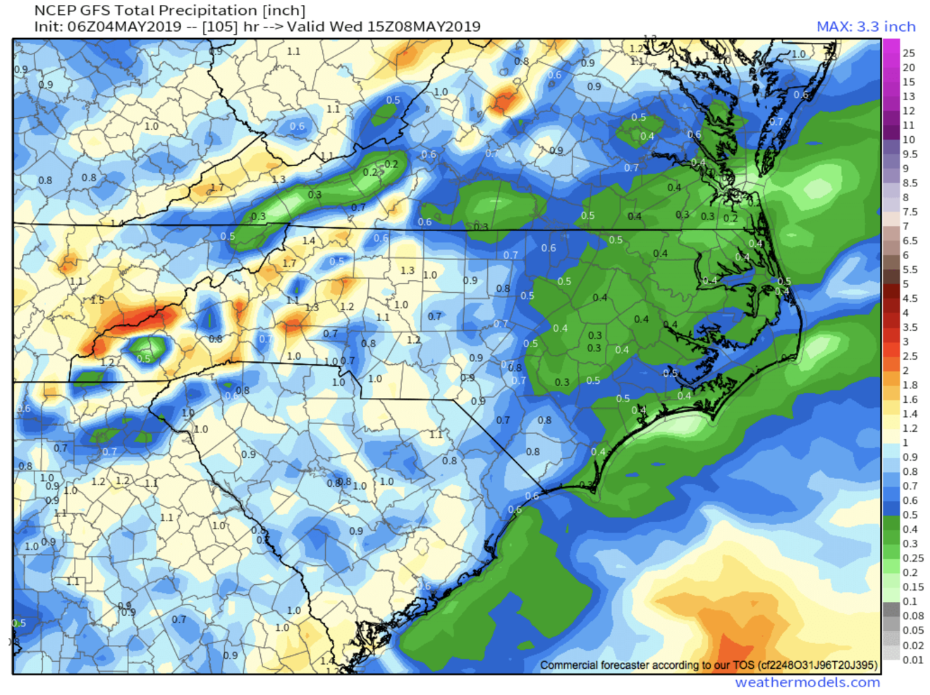 GFS Precipitation Totals Through Wednesday Courtesy of Weathermodels.com