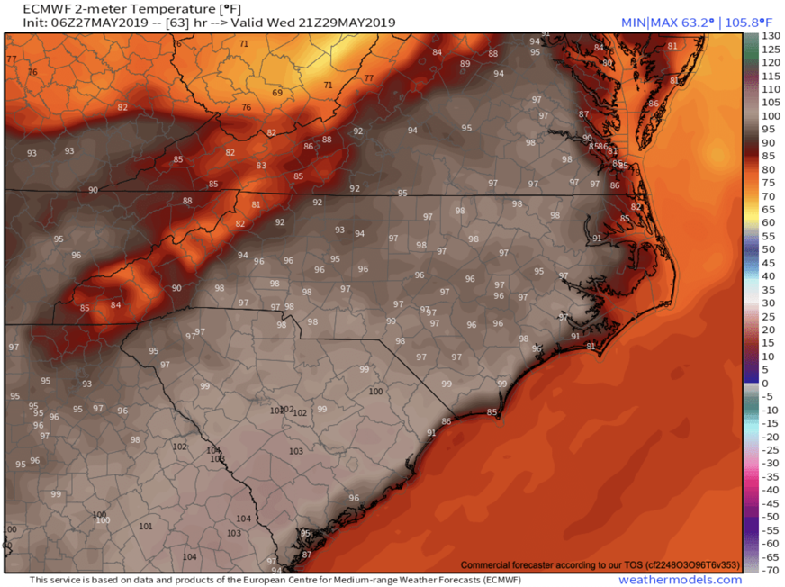 ECMWF Projected Temperatures For Wednesday Afternoon Provided By Weathermodels.com