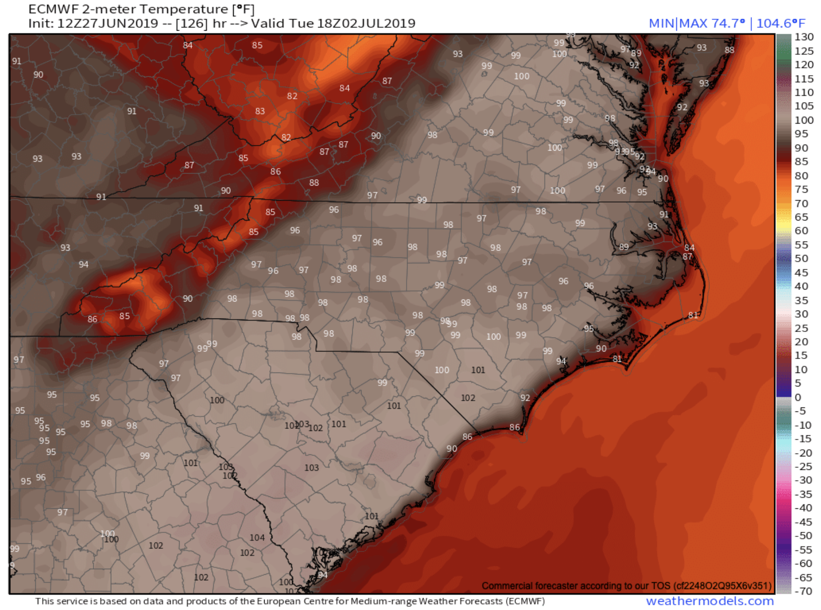 ECMWF Temperatures Tuesday Afternoon courtesy of Weathermodels.com