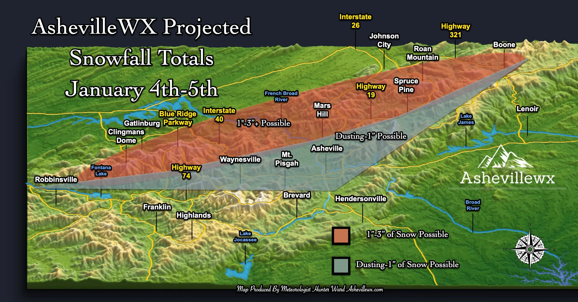 AshevilleWX Projected Snowfall Map For January 4th &amp; 5th