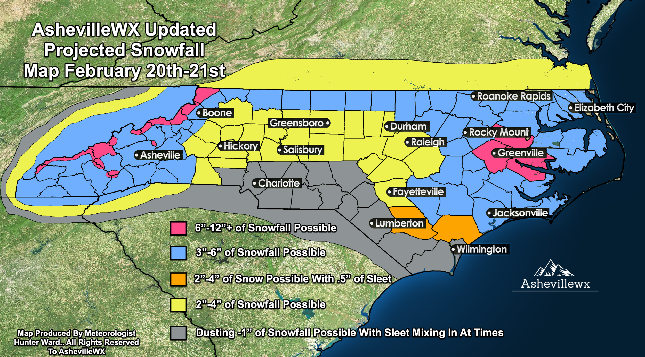 Updated Projected Snowfall Map For February 20th &amp; 21st