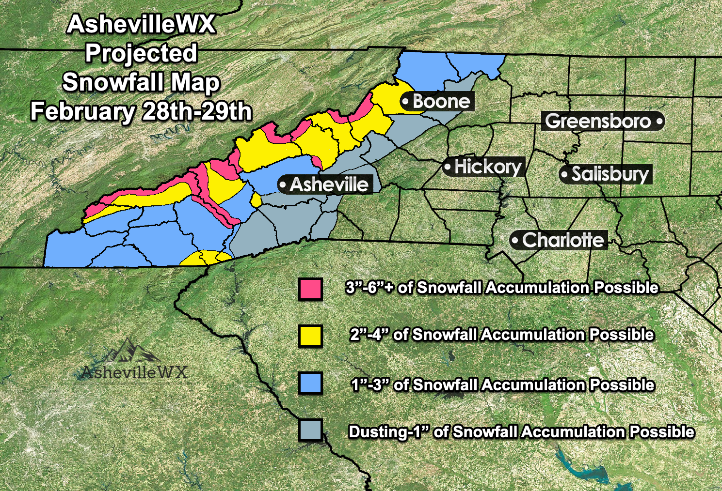 AshevilleWX Projected Snowfall Map For February 28th-29th
