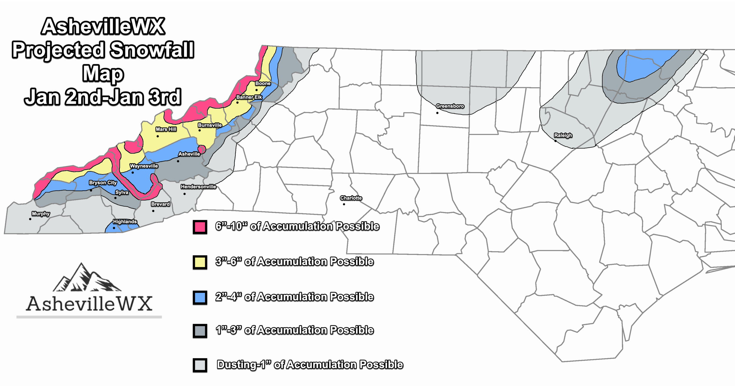 AshevilleWX Projected Snowfall Map January 2nd-3rd