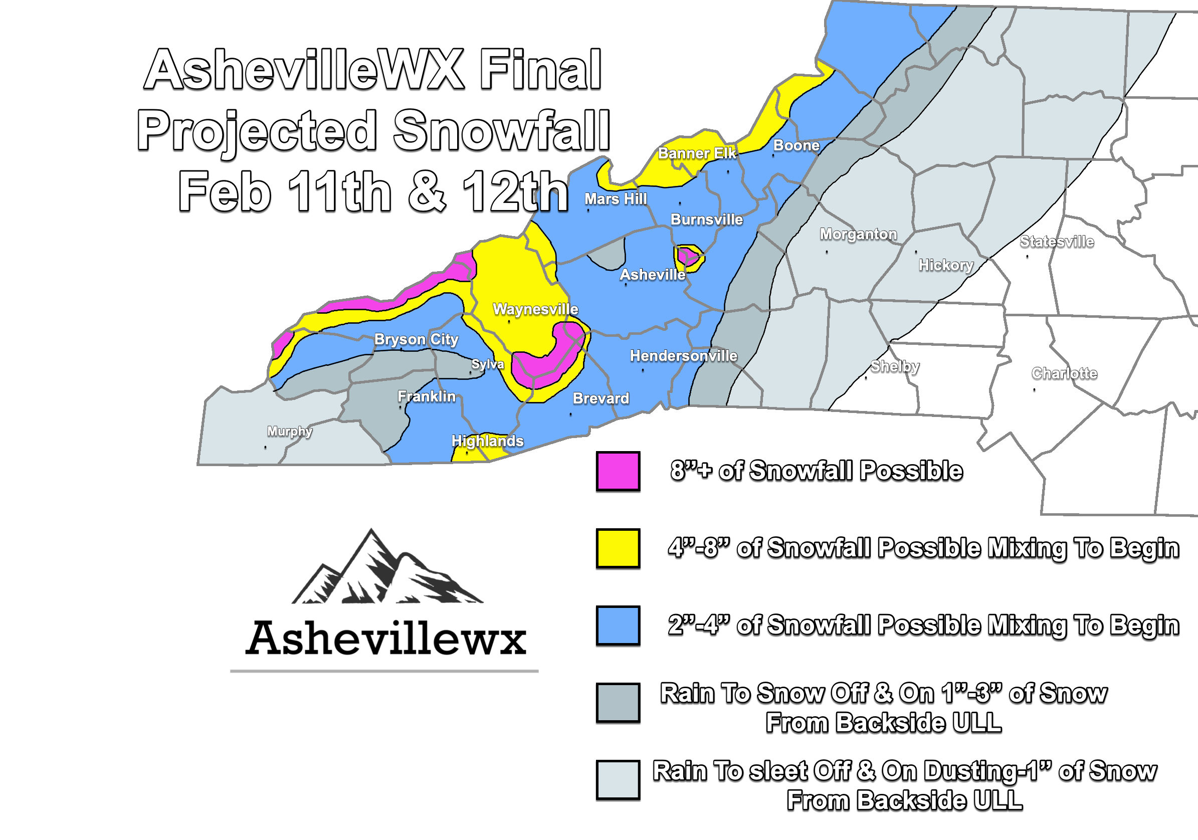 AshevilleWX Final Projected Snowfall Map February 11th-12th