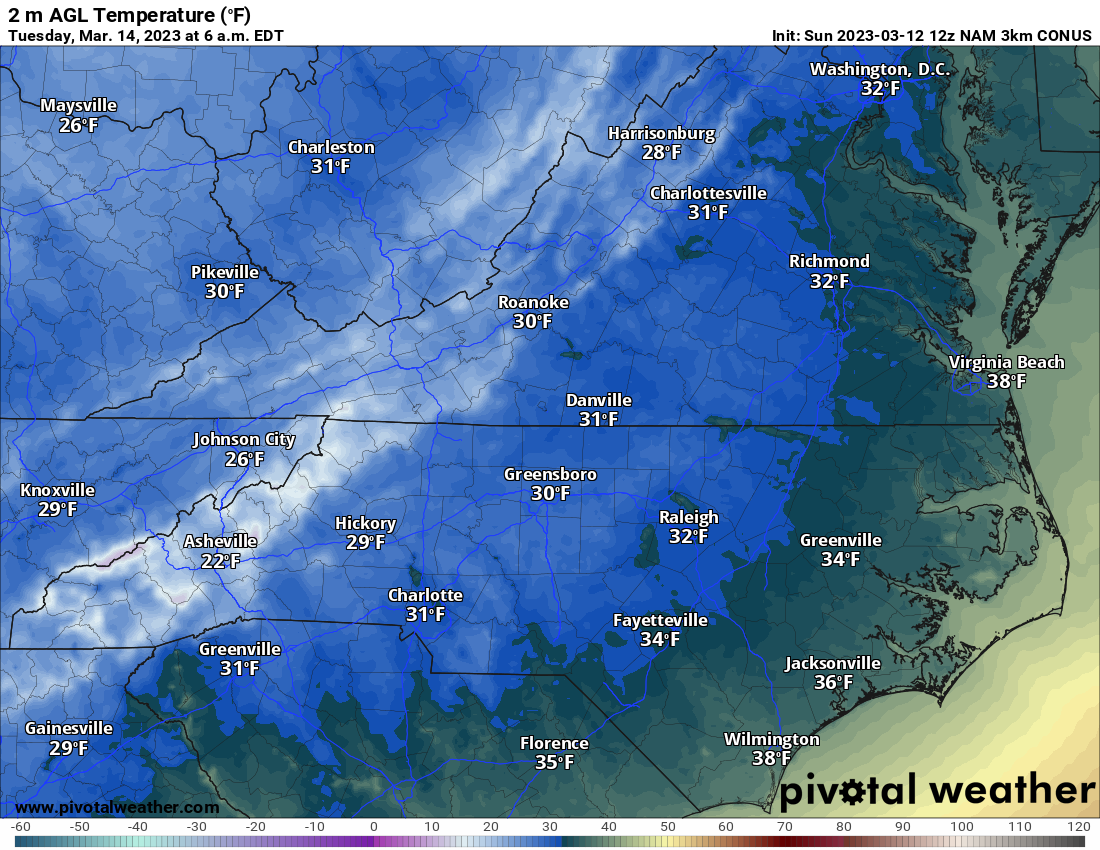 Low 20's Likely Tuesday AM Around WNC After Many See Snow Showers Over Next 36 Hours