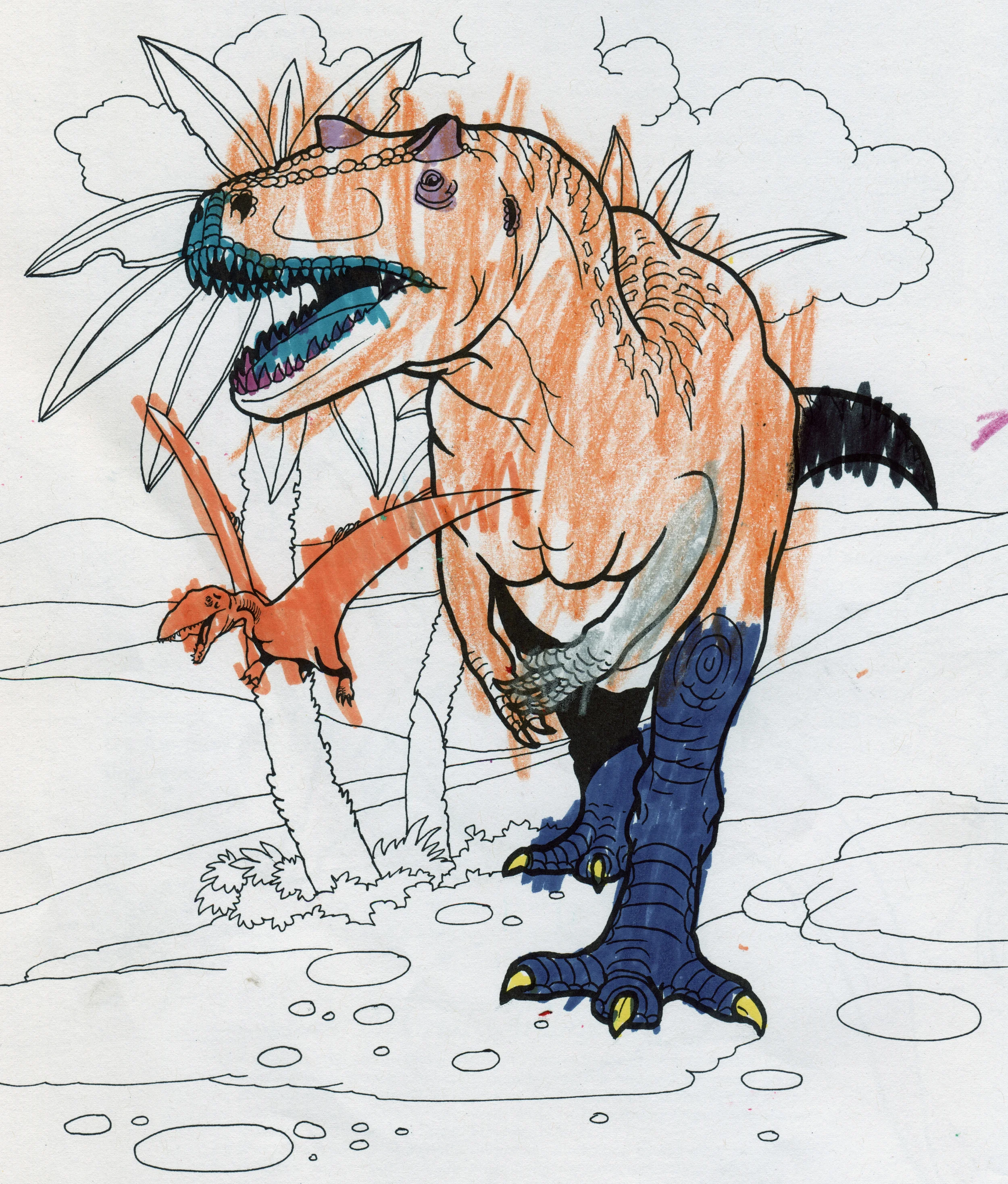 Dinosaurs! juxtaposes the child's drawing hand with the Jurassic and Cretaceous. The act of coloring obscures and restructures the original templates. Dinosaurs! (Allosaurus) , 2016. 48 x 36 in. Digital Print.