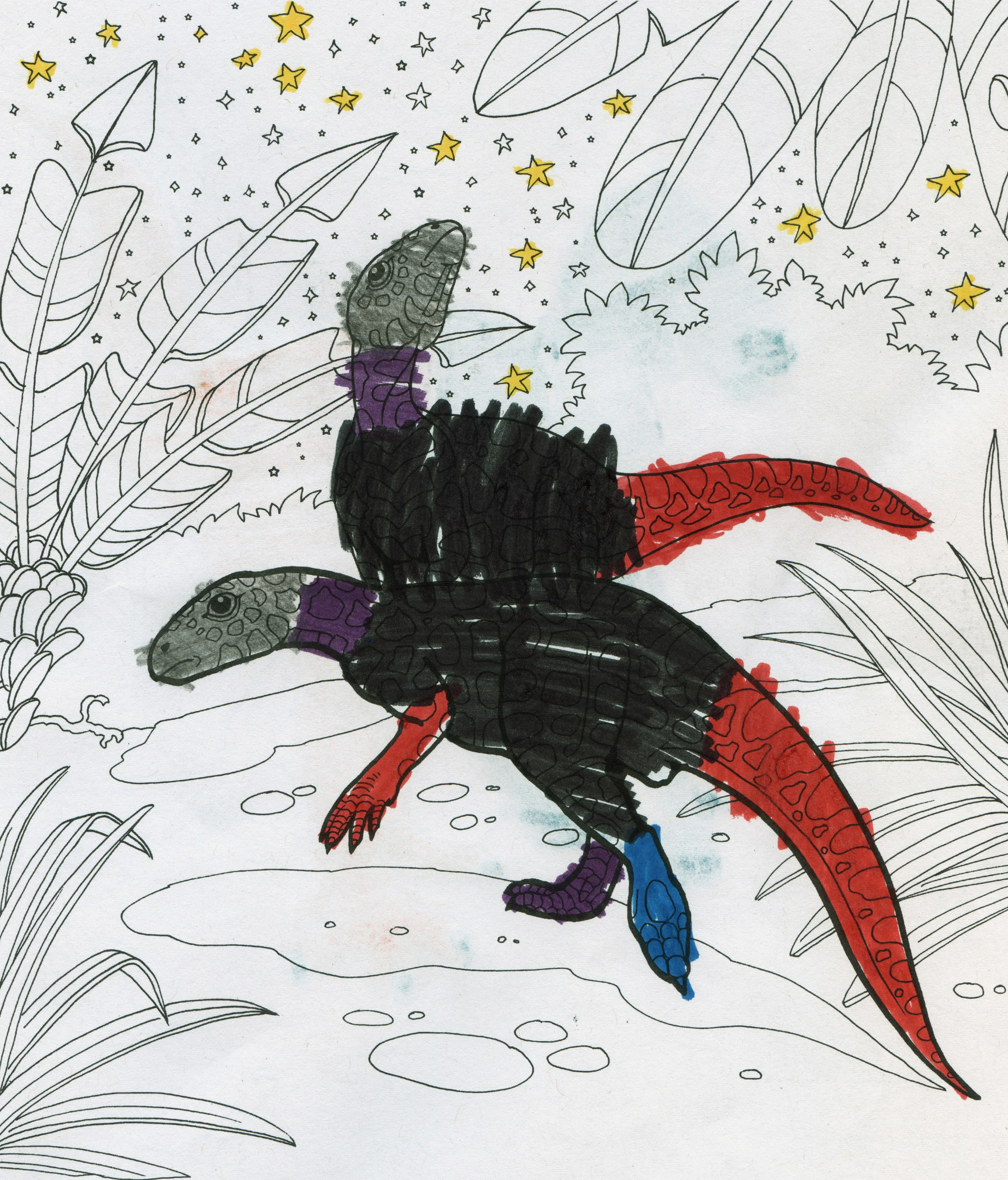 Dinosaurs! juxtaposes the child's drawing hand with the Jurassic and Cretaceous. The act of coloring obscures and restructures the original templates. Dinosaurs! (Hypsilophodon) , 2016. 48 x 36 in. Digital Print.