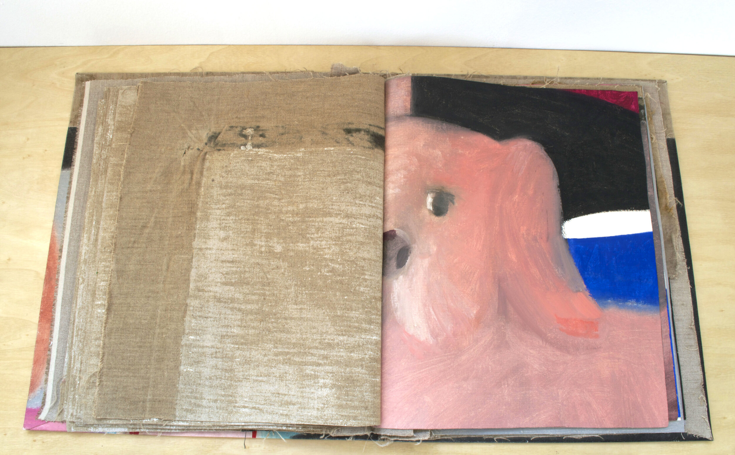  A portrait of my mother, me, and our dog Daisy, painted in 1978 and restructured as a book in 2015.   Painting, 1978/2015 .  17 x 28 in. (open)  Restructured painting, oil on linen. Painting by Linda Pitts. 