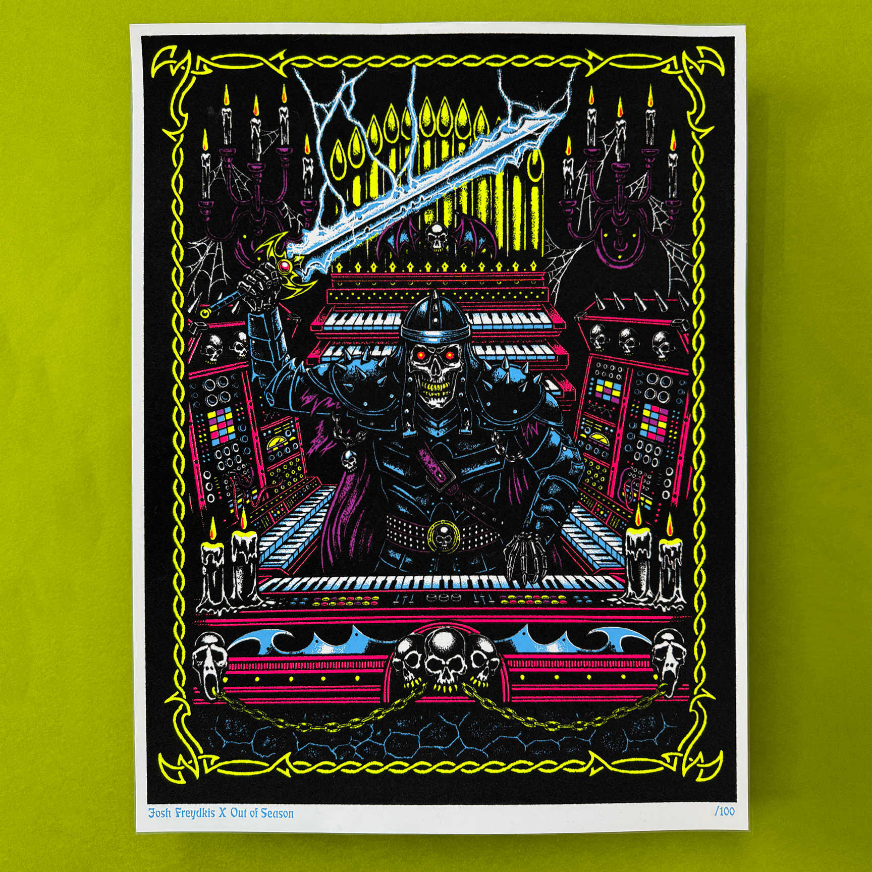 SKELETON SYNTHESIZER: Fuzzy Flocked Blacklight Poster by Josh Freydkis (18" x 24")
