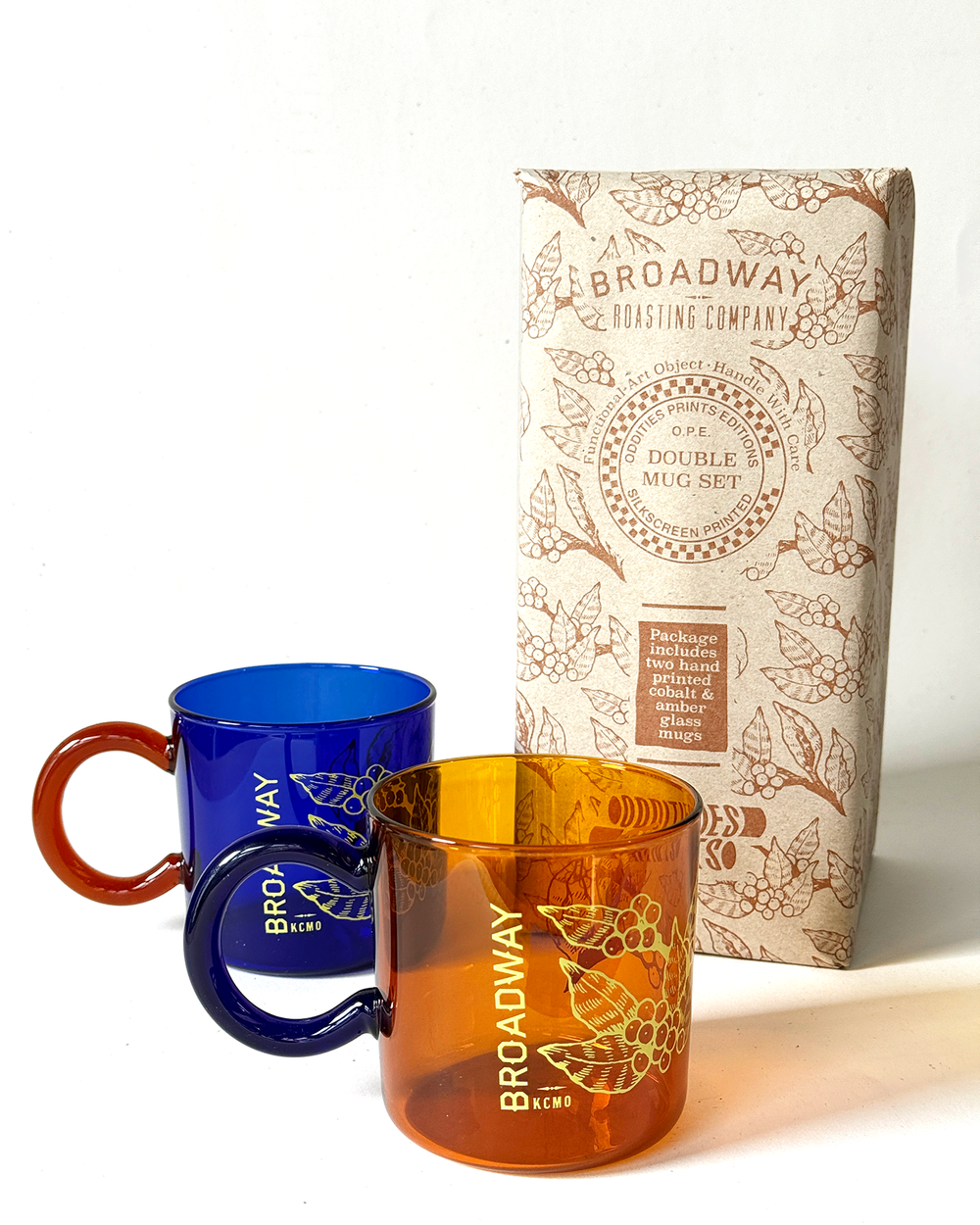 BROADWAY COFFEE X ODDITIES PRINTS - Double Mug Set, Cobalt and Amber Glass  | ODDITIES PRINTS