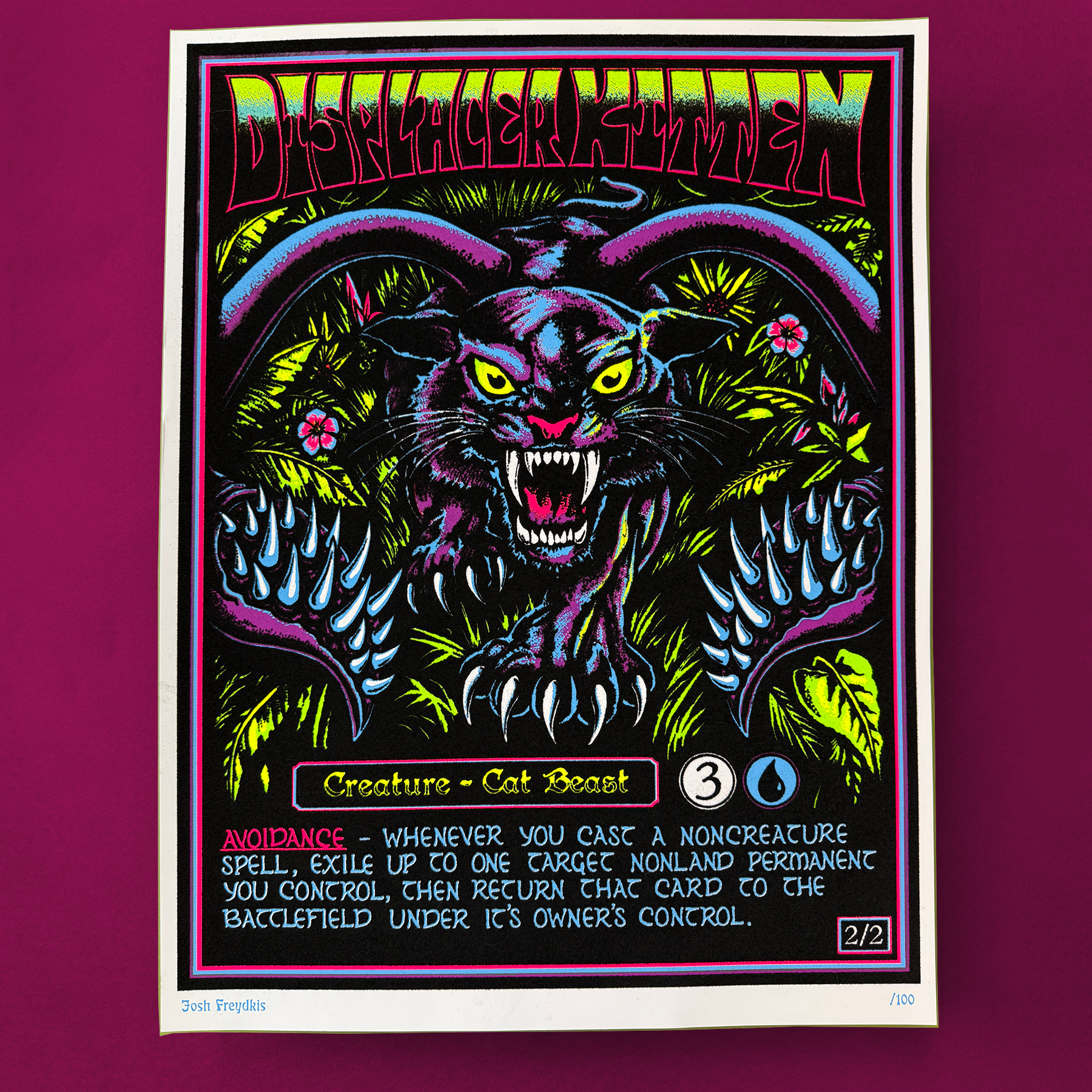 MAGIC THE GATHERING | DISPLACER KITTEN: Fuzzy Flocked Silkscreen Blacklight Poster by Josh Freydkis (18"x24")
