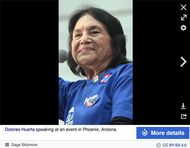 Wikimedia Commons screenshot showing More Details button under expanded image of Dolores Huerta by Gage Skidmore