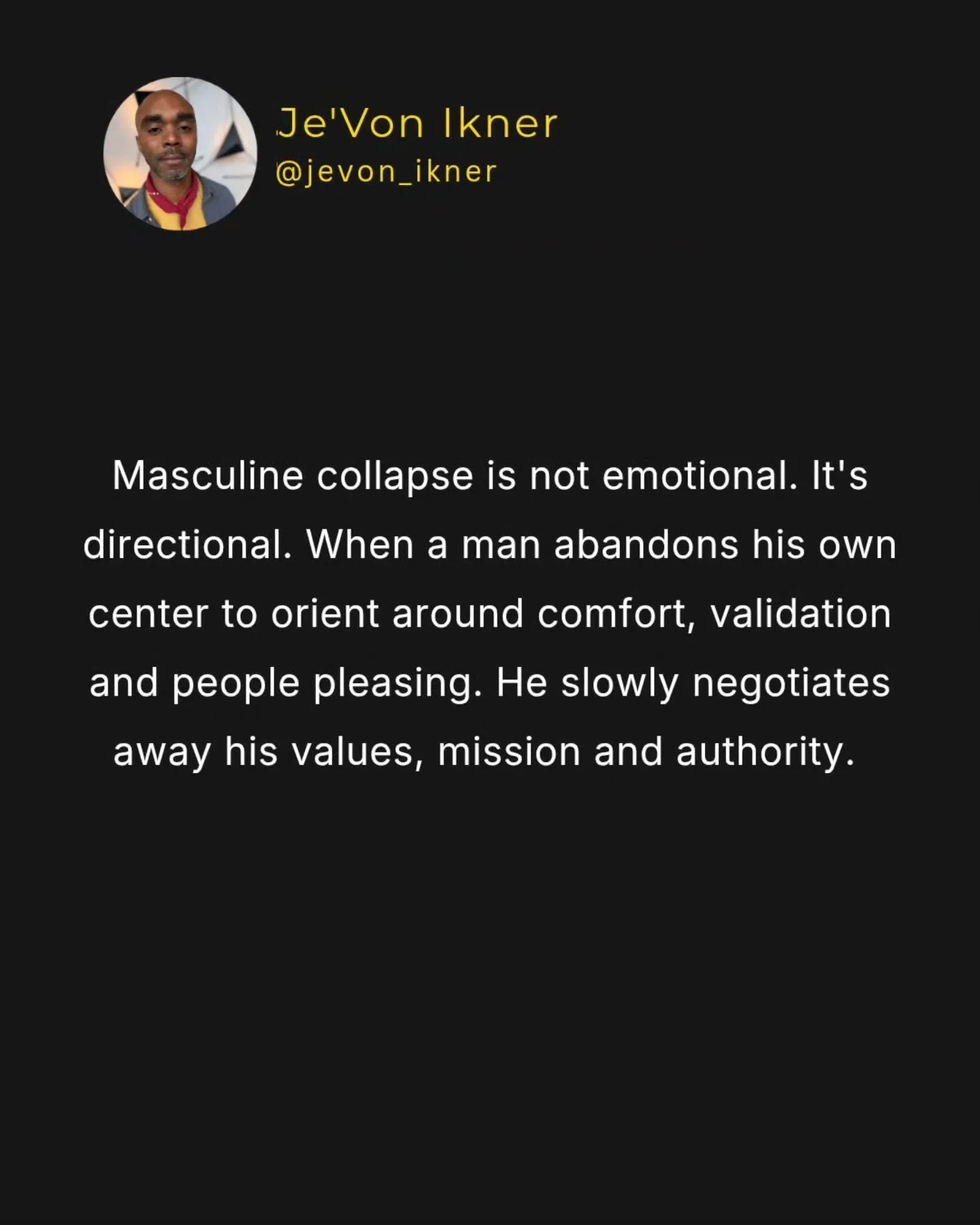 Most men don&rsquo;t lose their power through emotion.
They lose it through negotiation...

Negotiating truth.
Negotiating standards.
Negotiating direction.

They abandon their center to keep the peace,
to feel liked,
to stay comfortable.

Over time,