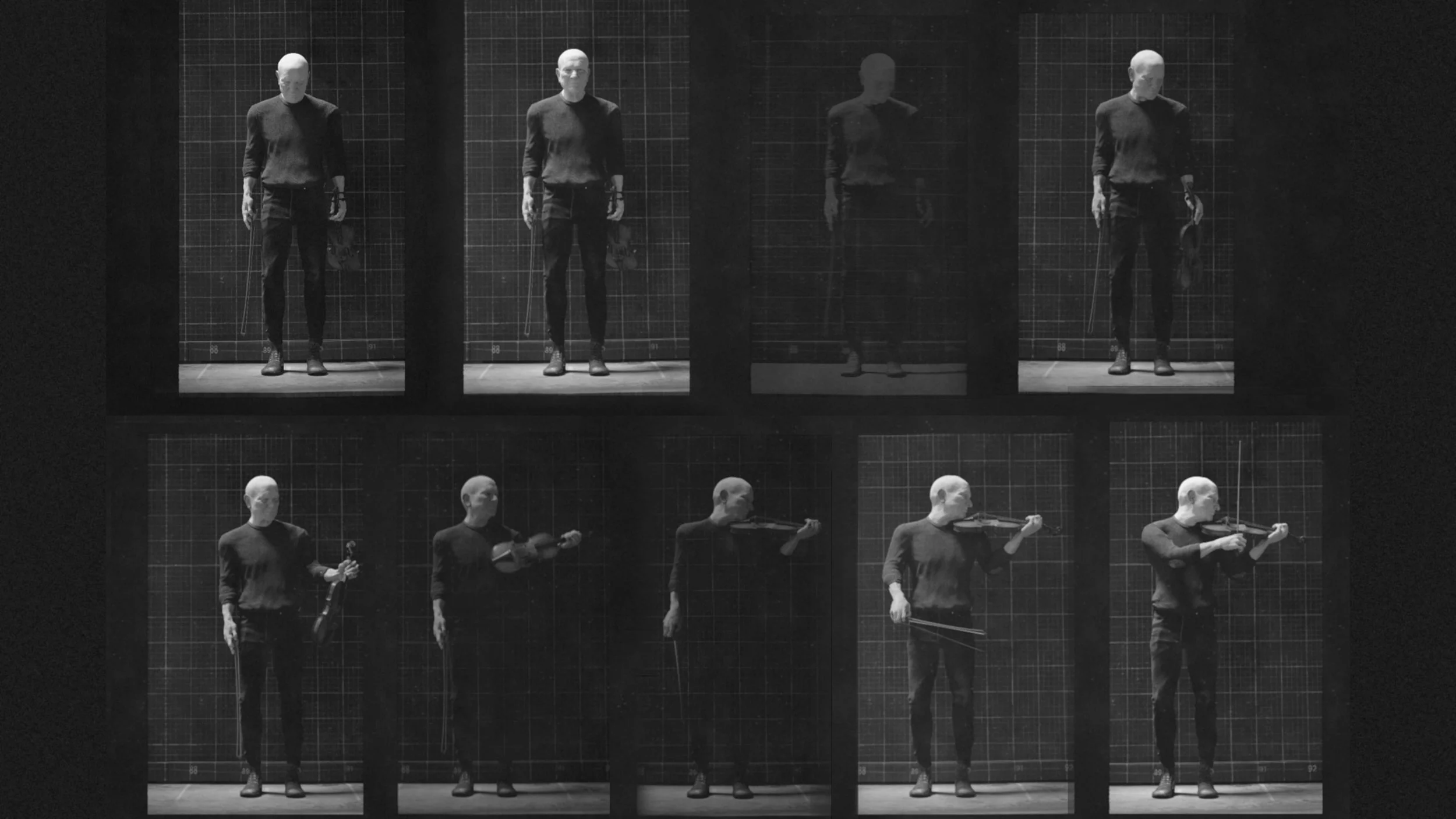 Black and white muybridge-style images of a person, showing different stages of playing a violin