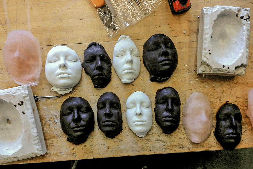  Works in Progress, Made mold of her face, with Alginate then made plaster cast of her face, then made flexible silicone mold and made multiple wax castings, and then manipulated the wax. Working on gating them and will be casting them in aluminum.&n
