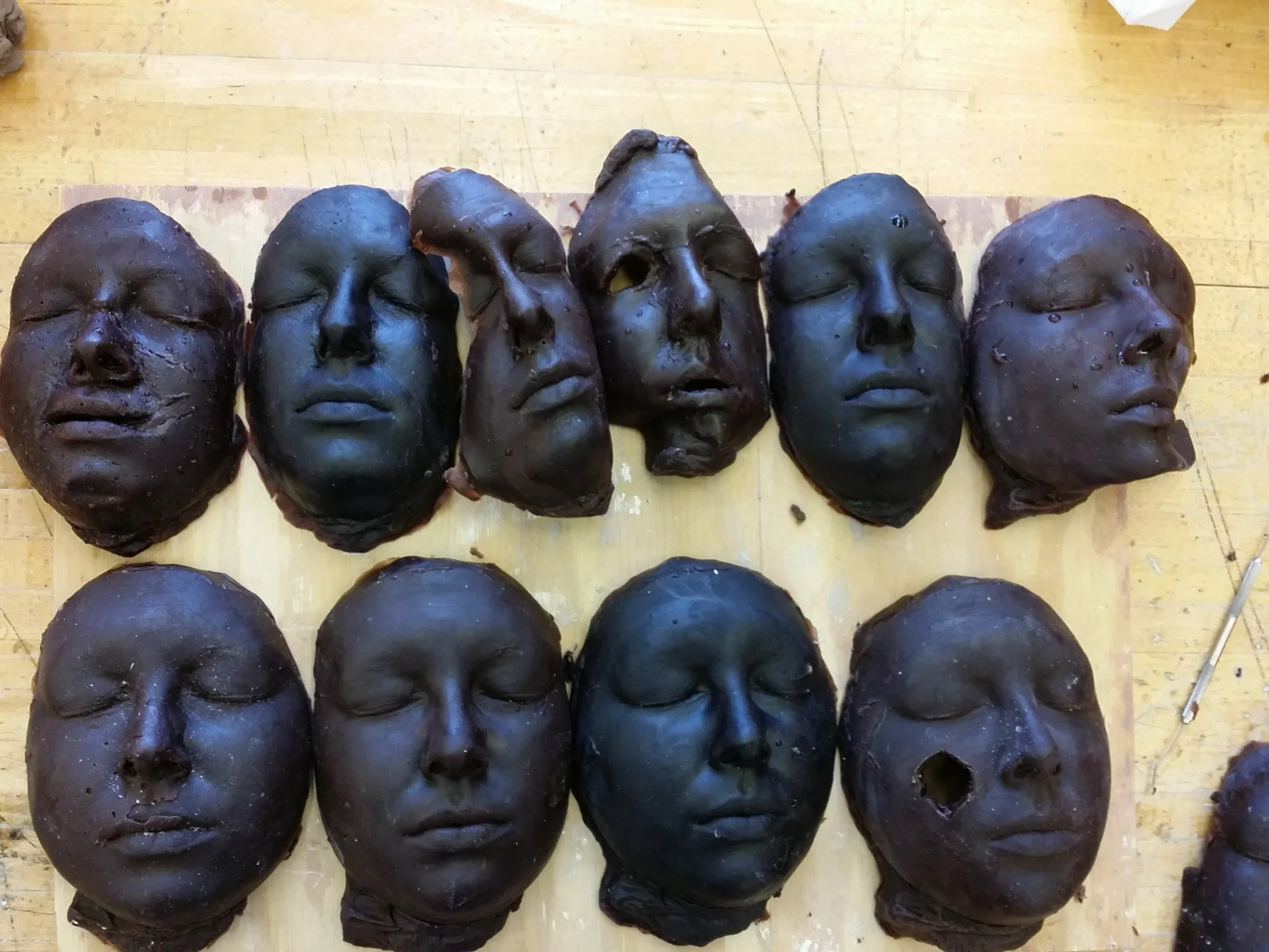  Works in Progress, Made mold of her face, with Alginate then made plaster cast of her face, then made flexible silicone mold and made multiple wax castings, and then manipulated the wax. Working on gating them and will be casting them in aluminum.&n