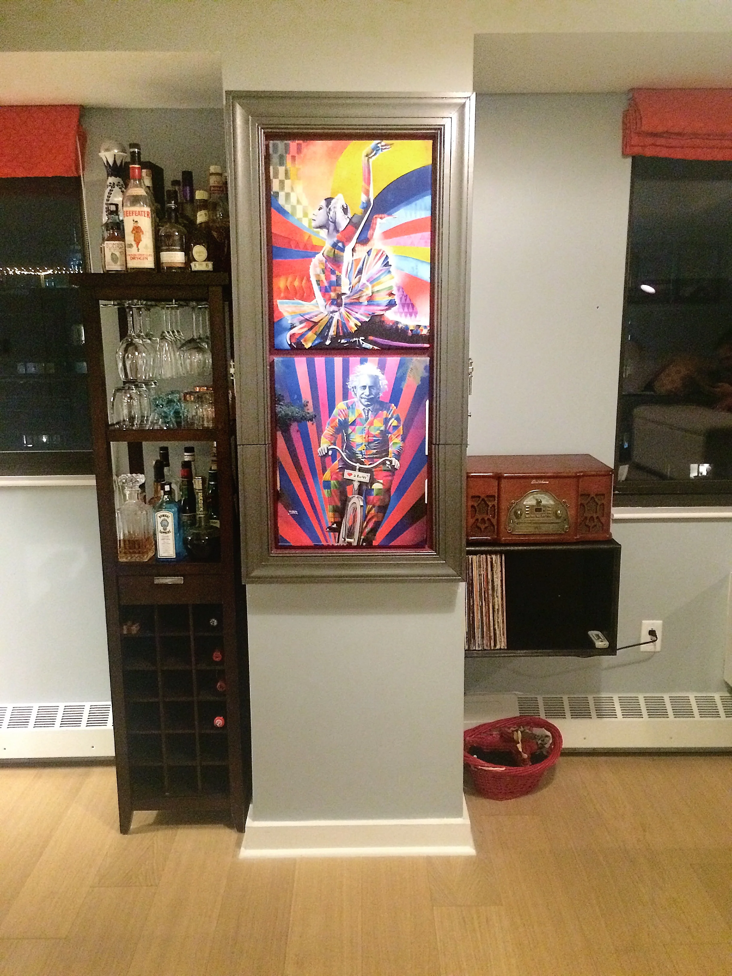 The finished table is an eye-catching piece of functional art work. The art is printed canvas' and has velcro to be interchangeable.