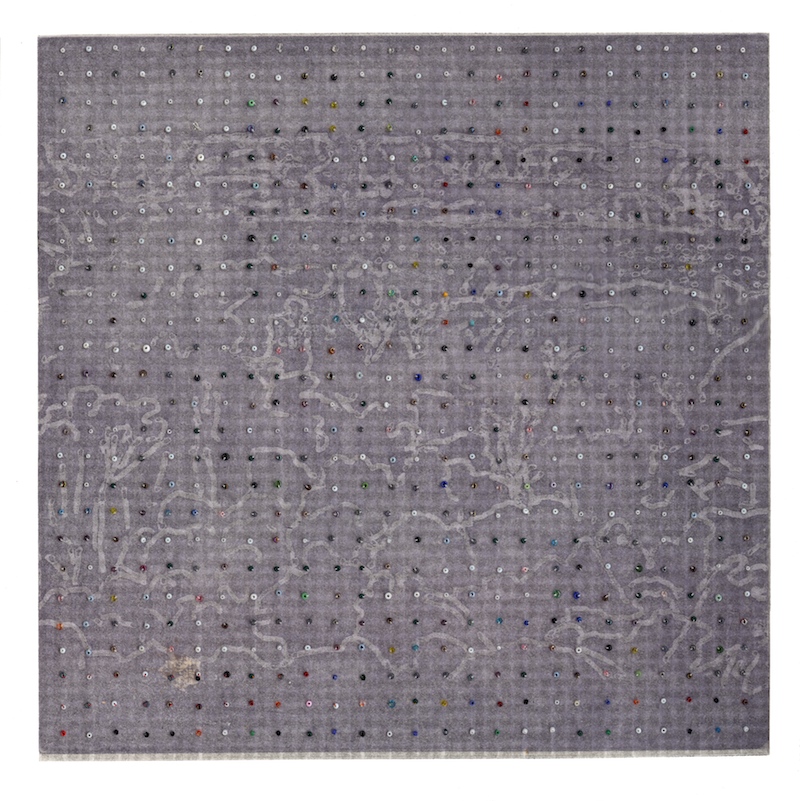 Eveline Kotai - Margaret River Grid, 2005, beads on etching, 30 x 30cm (private collection)