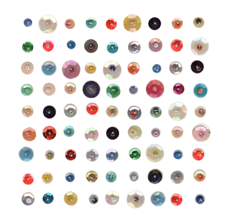 Eveline Kotai - Sequence 1,  sequins on paper 10x10cm + glicee print, 100 x 100cm (private collections)