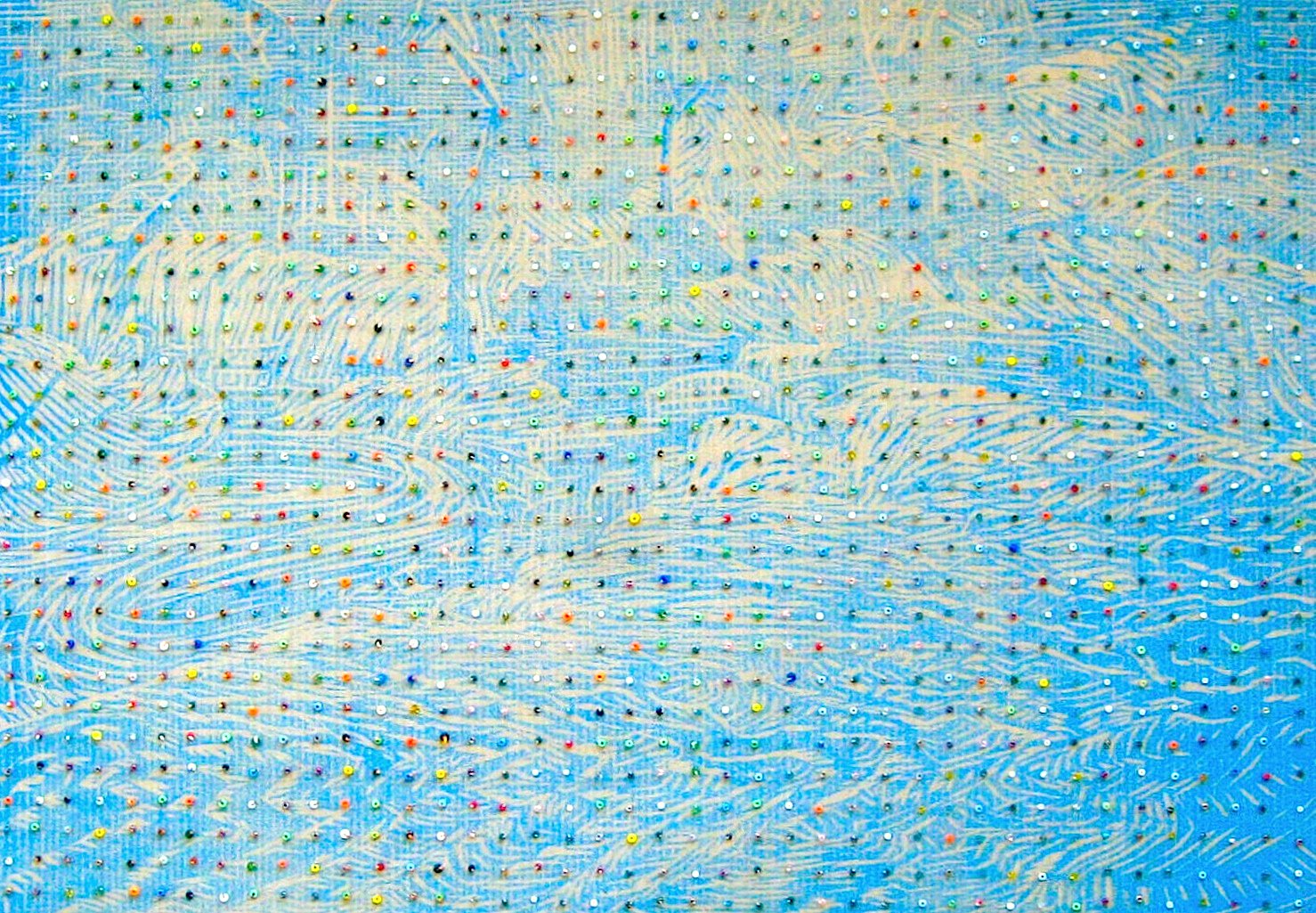Eveline Kotai - Bead River 1, 2006, beads on woodcut print on Japanese paper, 30 x 45cm (private collection)
