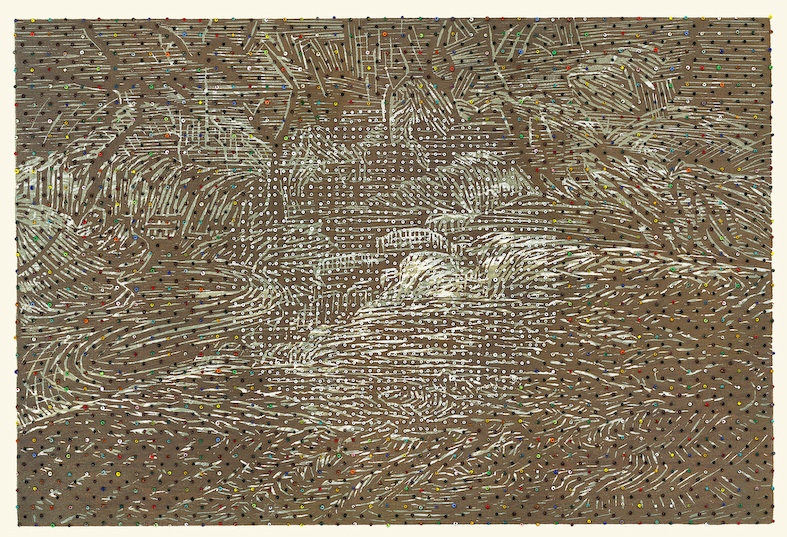 Eveline Kotai, Raw Umbra 1, 2009, beads on woodcut print, 30x45cm, private collection