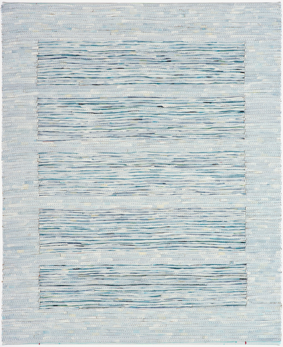 Eveline Kotai - White on Blue 2, 2006, mixed media stitched collage, 50x40cm