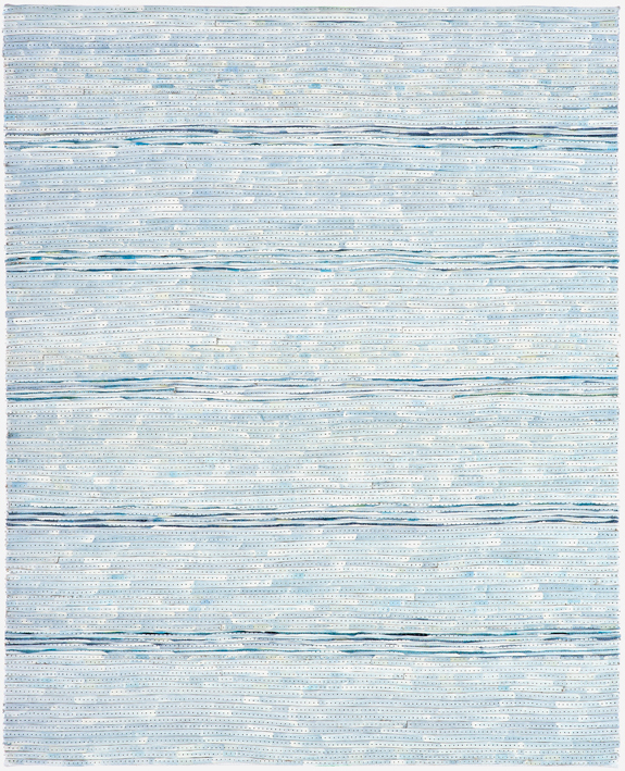 Eveline Kotai - White on Blue 3, 2006, mixed media stitched collage, 50x40cm