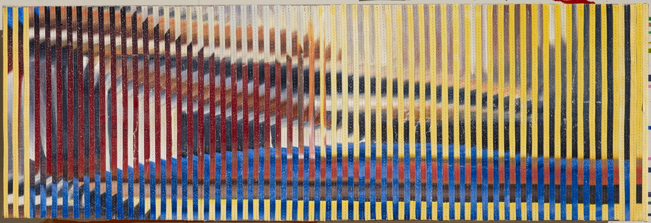 Eveline Kotai - Private commission 1/13, mixed media stitched collage on linen, 25x75cm, private collection