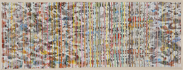 Eveline Kotai - Living Forest 2014, Ink, Acrylic, nylon thread on linen, 66x181cm, private collection