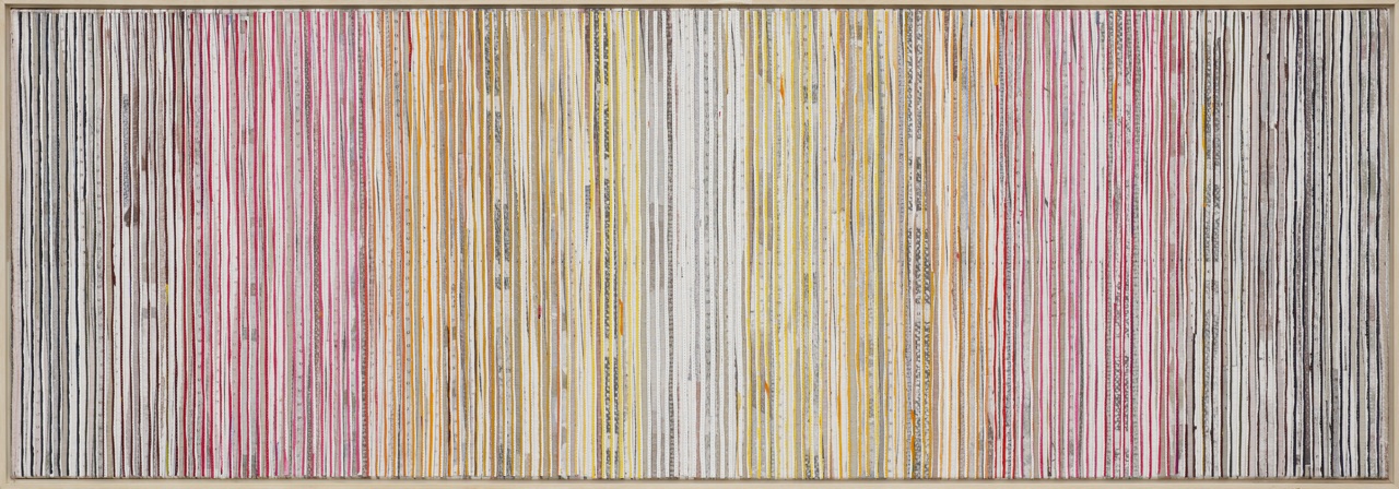 Eveline Kotai - Karri Shift 1, 2014, mixed media stitched collage on linen, 50x150cm, private collection