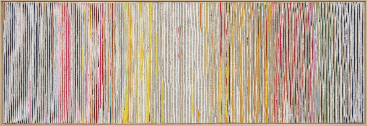 Eveline Kotai - Karri Shift 2, 2014, mixed media stitched collage on linen, 50x150cm, private collection