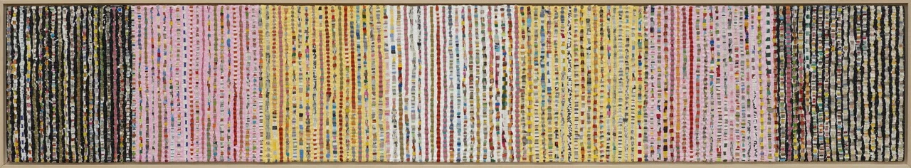 Eveline Kotai - Karri Shift 3, 2014, mixed media stitched collage on linen, 20x140cm (in stock Art Collective WA)