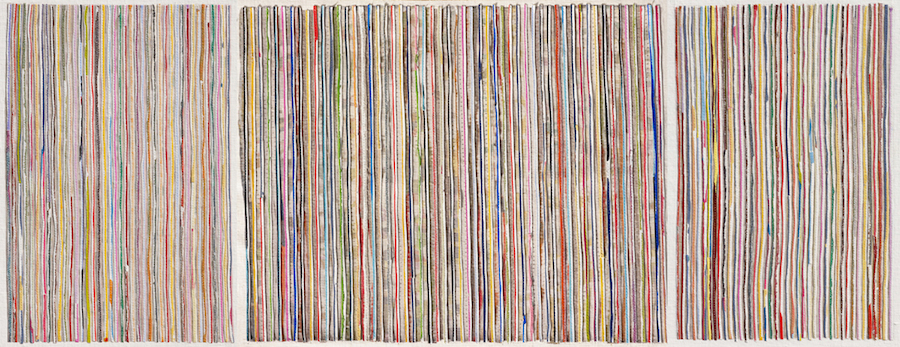 Eveline Kotai - Vertical 2, 2010, mixed media stitched collage on linen, 50x140cm, private collection