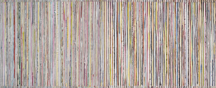 Eveline Kotai - Vertical 1, mixed media stitched collage on linen, 50x130cm, private collection