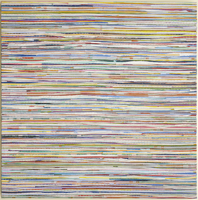 Eveline Kotai - Horizontal Shift, 2014, mixed media stitched collage on linen, 100x100cm, available at Conny Dietzschold Gallery, Sydney