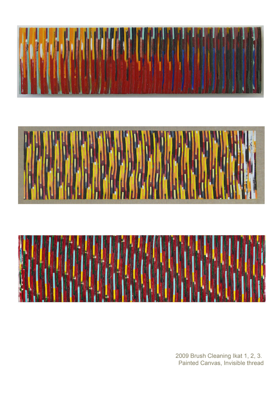 Eveline Kotai - Brush Cleaning Ikat 1,2,3 - 2010, mixed media stitched collage on linen, 25x75cm each, private collection